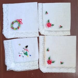 Vintage Christmas Handkerchiefs with Lace Trim